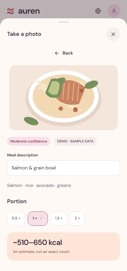 Auren — logging a meal, with manual correction