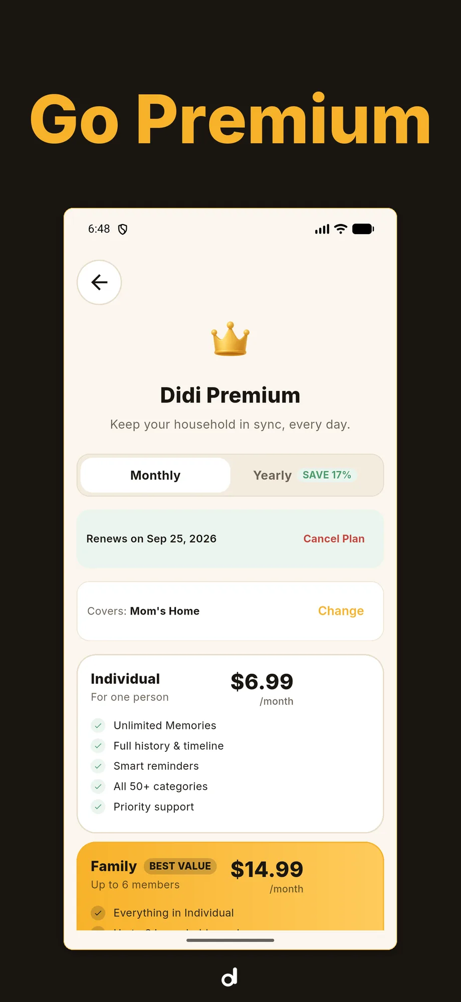 Didi — the subscription screen