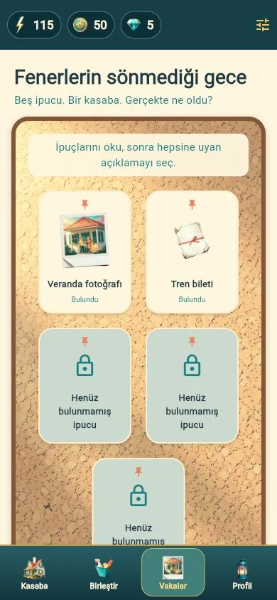 Forgotten Town — the case board — five clues, one explanation, in Turkish