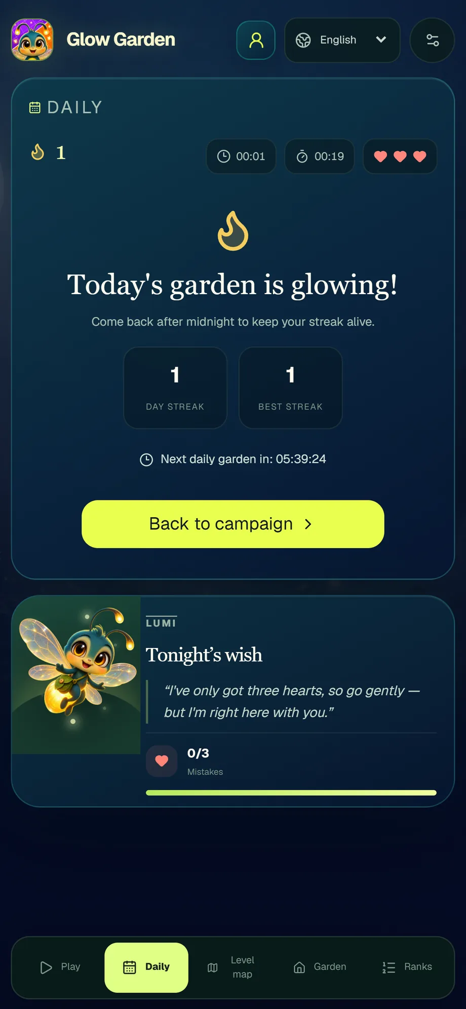 Glow Garden — the daily streak screen