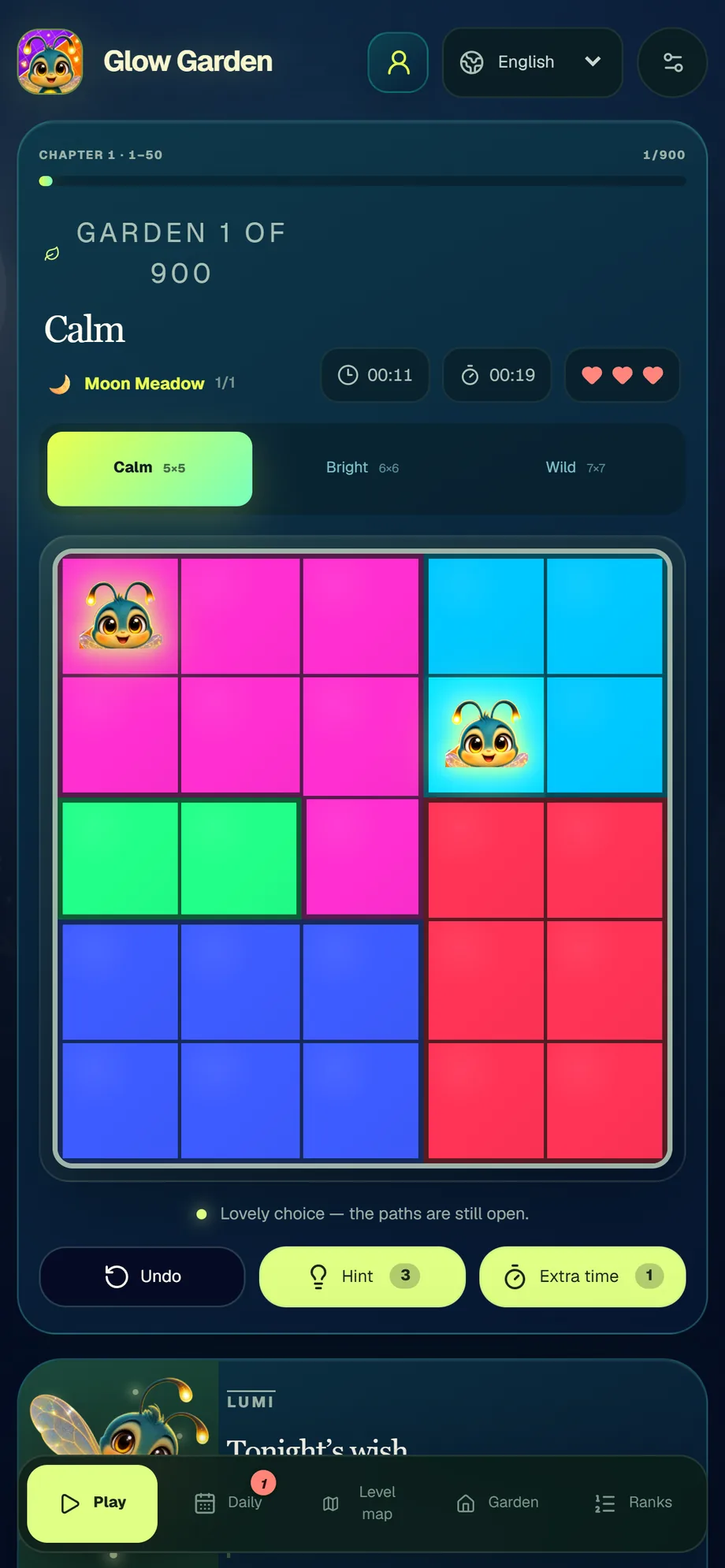 Glow Garden — a puzzle board mid-solve