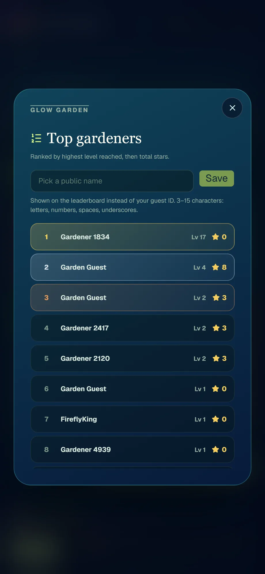Glow Garden — the leaderboard