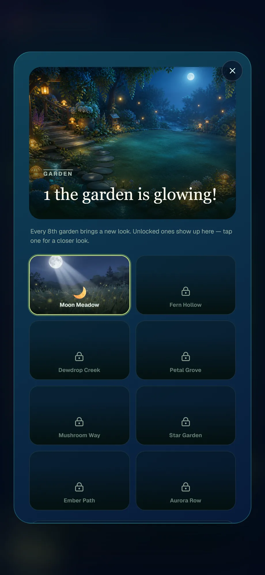 Glow Garden — gardens unlock as you progress