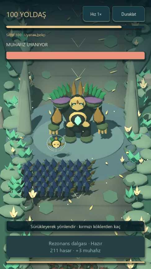 Swarm Kingdoms — a Warden awakens at the end of a level, mid telegraph (Turkish)
