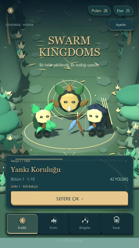 Swarm Kingdoms — the kingdom screen, with the commander and the march into Region 1 (Turkish)
