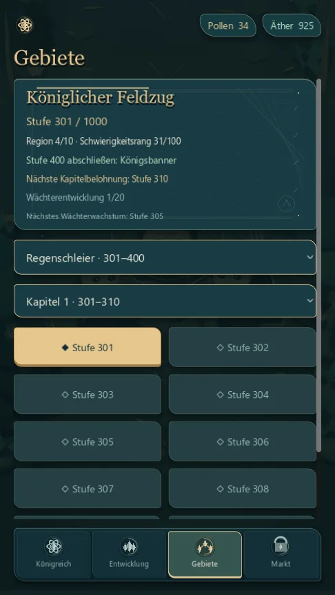 Swarm Kingdoms — the campaign map - level 301 of 1000, region 4 of 10, difficulty tier 31 of 100 (German)