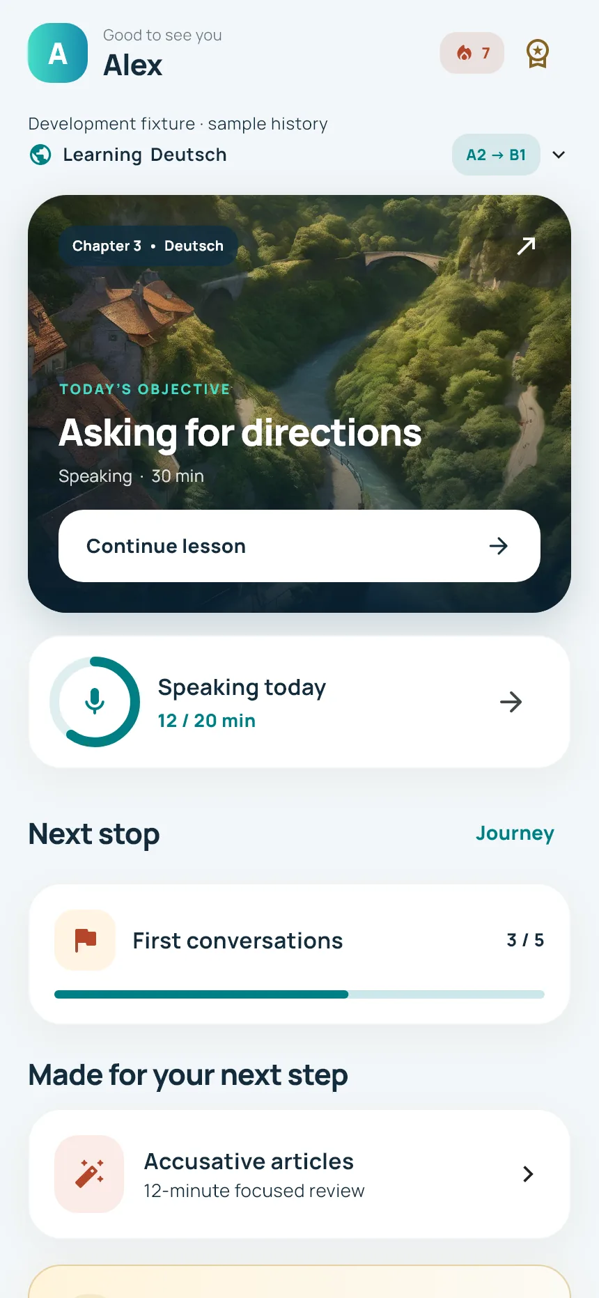Vela — home - the next lesson, and what is due for review