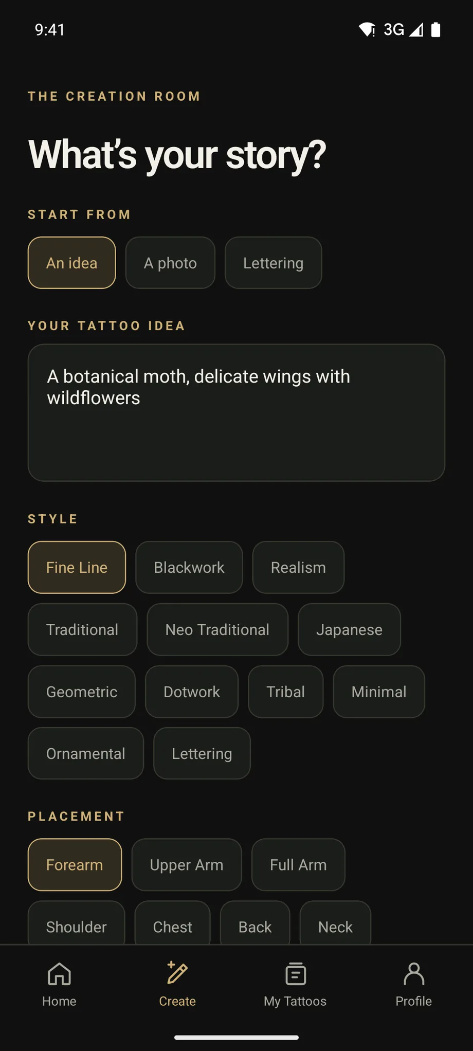 Veyra — the Creation Room - an idea in your own words, one of twelve styles, and a placement on the body