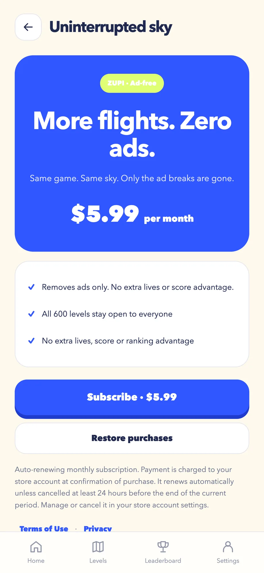 ZUPI — the ad-free upgrade screen